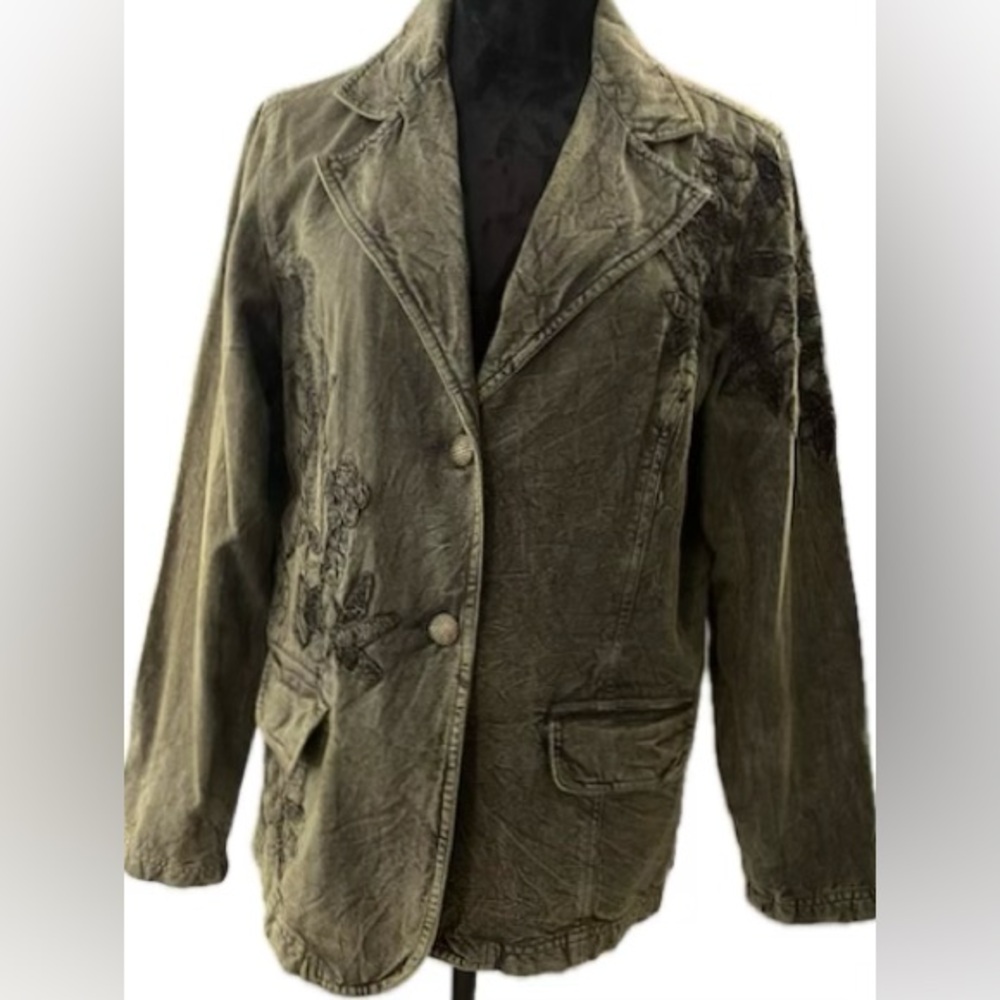 COLDWATER CREEK Green Gray Floral Embroidered Blazer